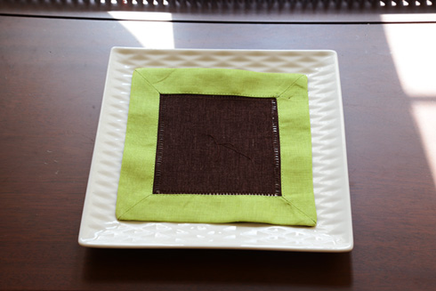 Multicolor Hemstitch Cocktail Napkin 6". Chocolate & Hot Green - Click Image to Close